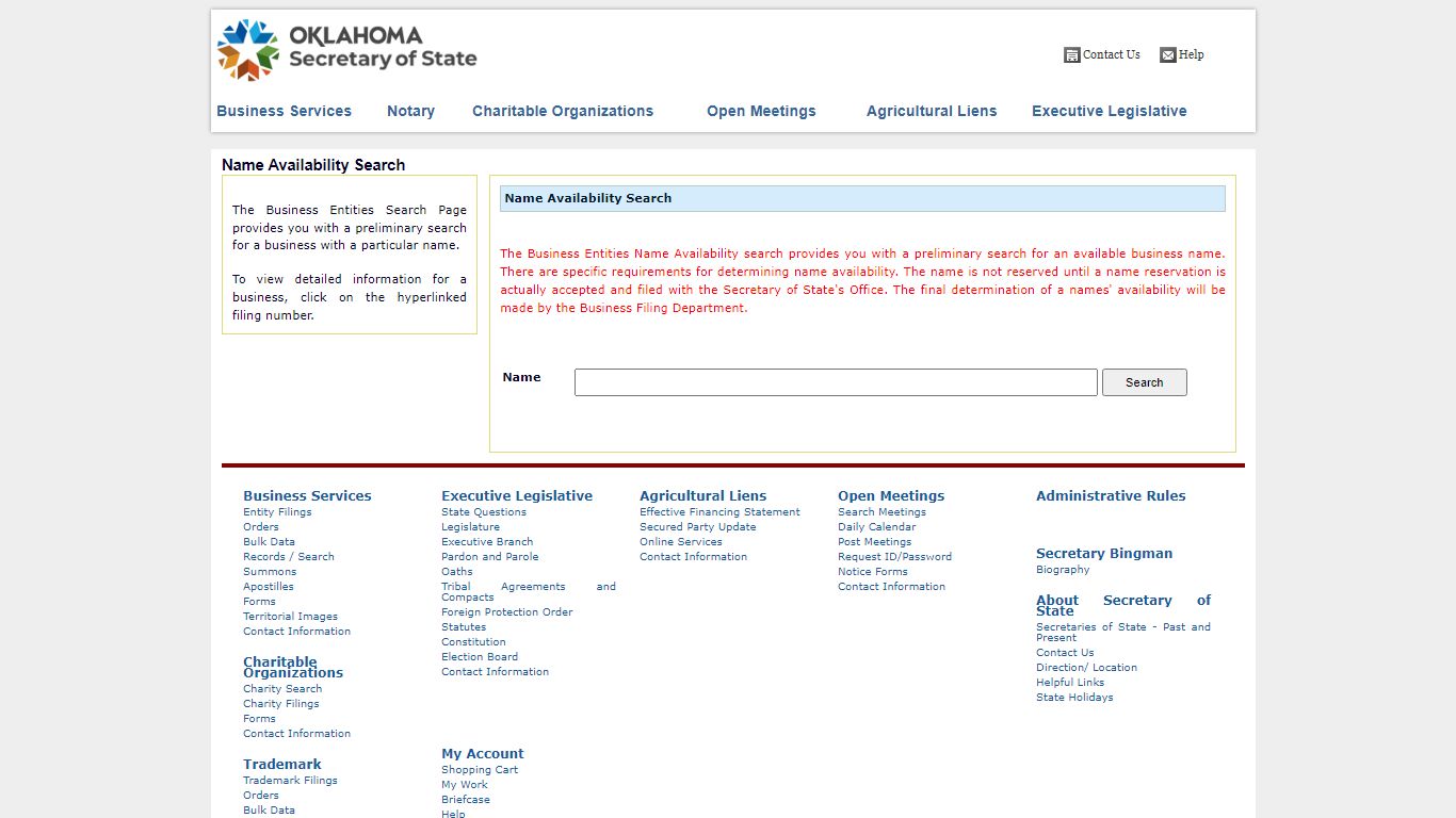 Corp Name Availability Search - Oklahoma Secretary of State